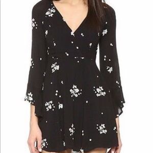 Free People Jasmine Embroidery Kimono Dress Fit and Flare Wrap Neck Black Floral